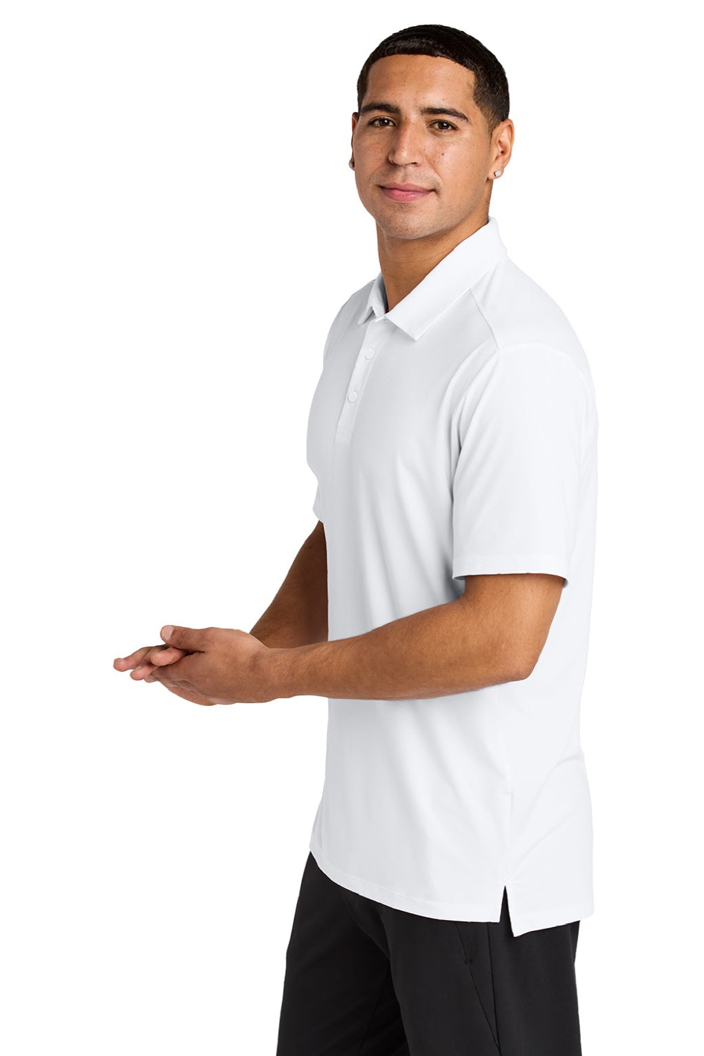 Sport-Tek ST490 Mens Versa Moisture Wicking Short Sleeve Polo Shirt White Model Side