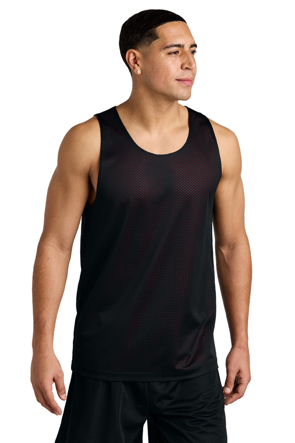 Sport-Tek ST5000 Mens Moisture Wicking Reversible Mesh Tank Top Black/Deep Red Model Front