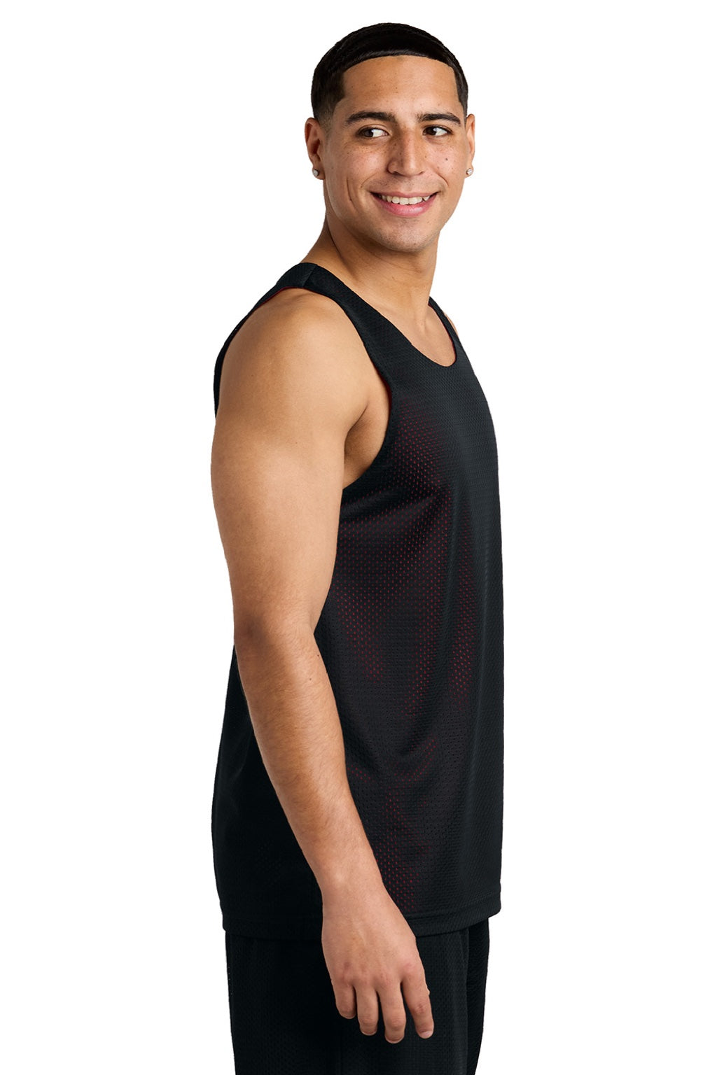 Sport-Tek ST5000 Mens Moisture Wicking Reversible Mesh Tank Top Black/Deep Red Model Side
