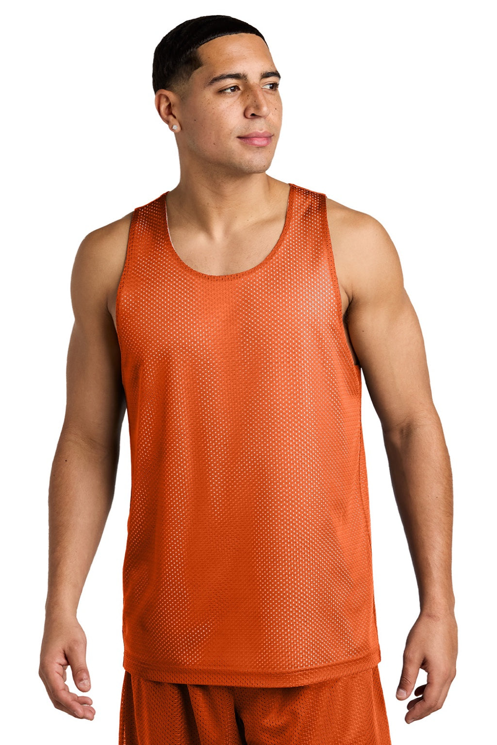 Sport-Tek ST5000 Mens Moisture Wicking Reversible Mesh Tank Top Deep Orange/White Model Front