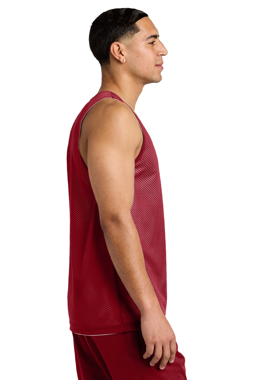 Sport-Tek ST5000 Mens Moisture Wicking Reversible Mesh Tank Top Deep Red/White Model Side