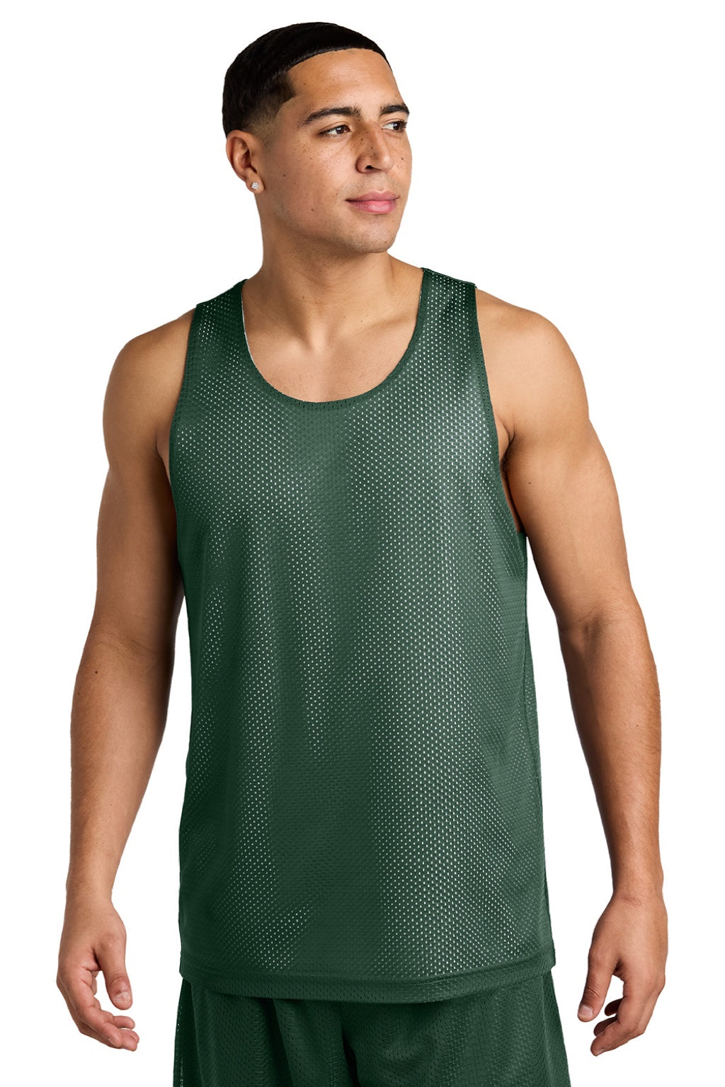 Sport-Tek ST5000 Mens Moisture Wicking Reversible Mesh Tank Top Forest Green/White Model Front