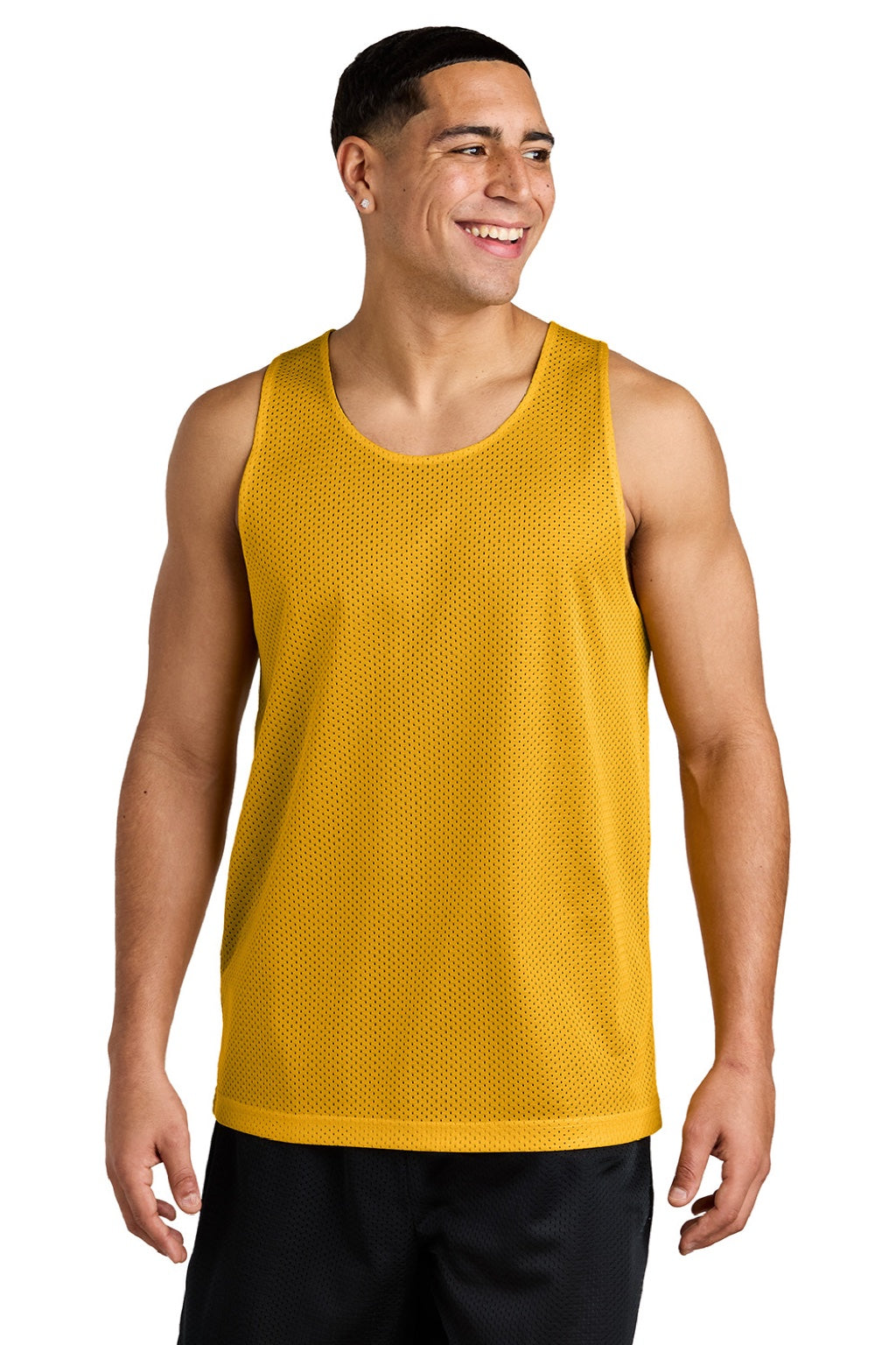 Sport-Tek ST5000 Mens Moisture Wicking Reversible Mesh Tank Top Gold/Black Model Front