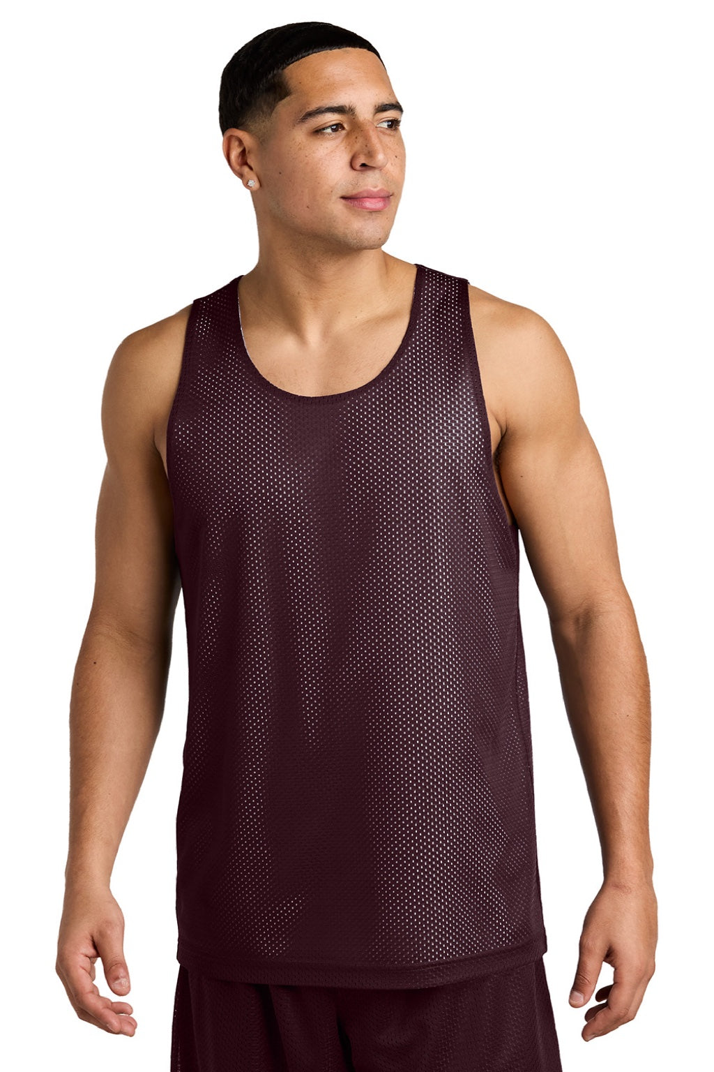 Sport-Tek ST5000 Mens Moisture Wicking Reversible Mesh Tank Top Maroon/White Model Front