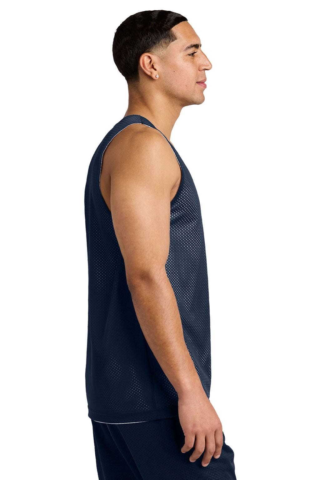 Sport-Tek ST5000 Mens Moisture Wicking Reversible Mesh Tank Top True Navy Blue/White Model Side
