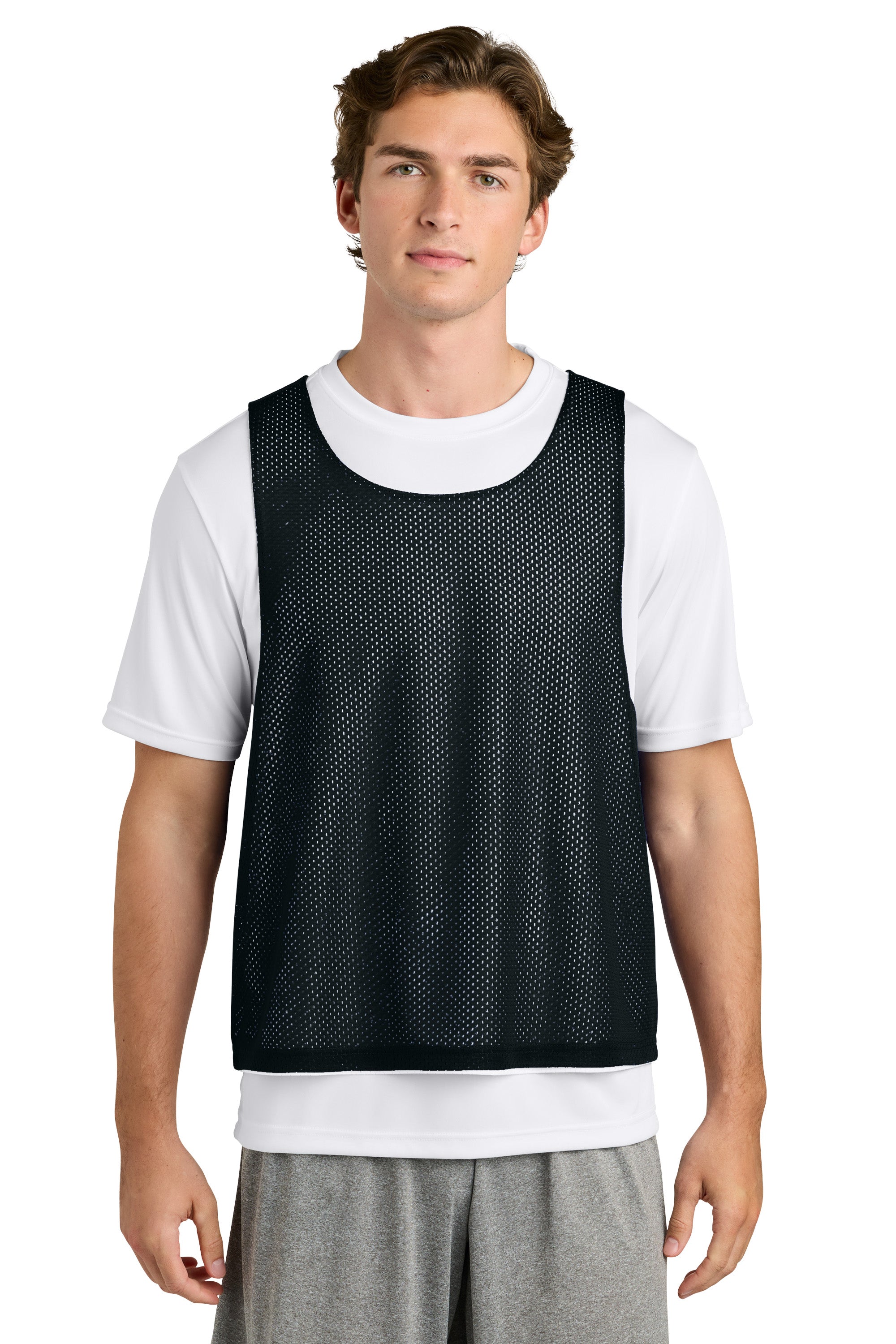Sport-Tek ST512 Mens Reversible Lacrosse Pinnie Tank Top Black/White Model Front