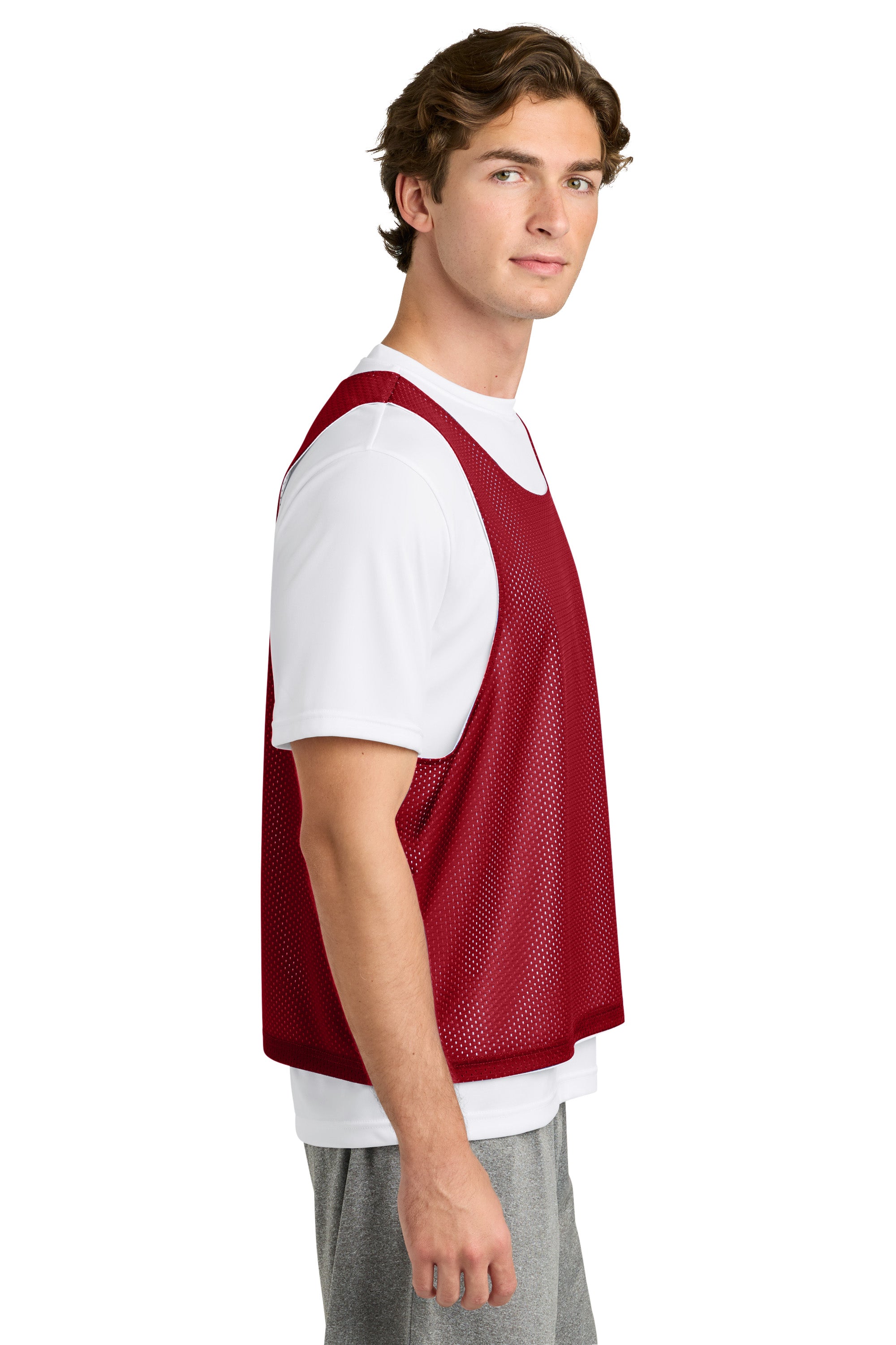 Sport-Tek ST512 Mens Reversible Lacrosse Pinnie Tank Top Deep Red/White Model Side