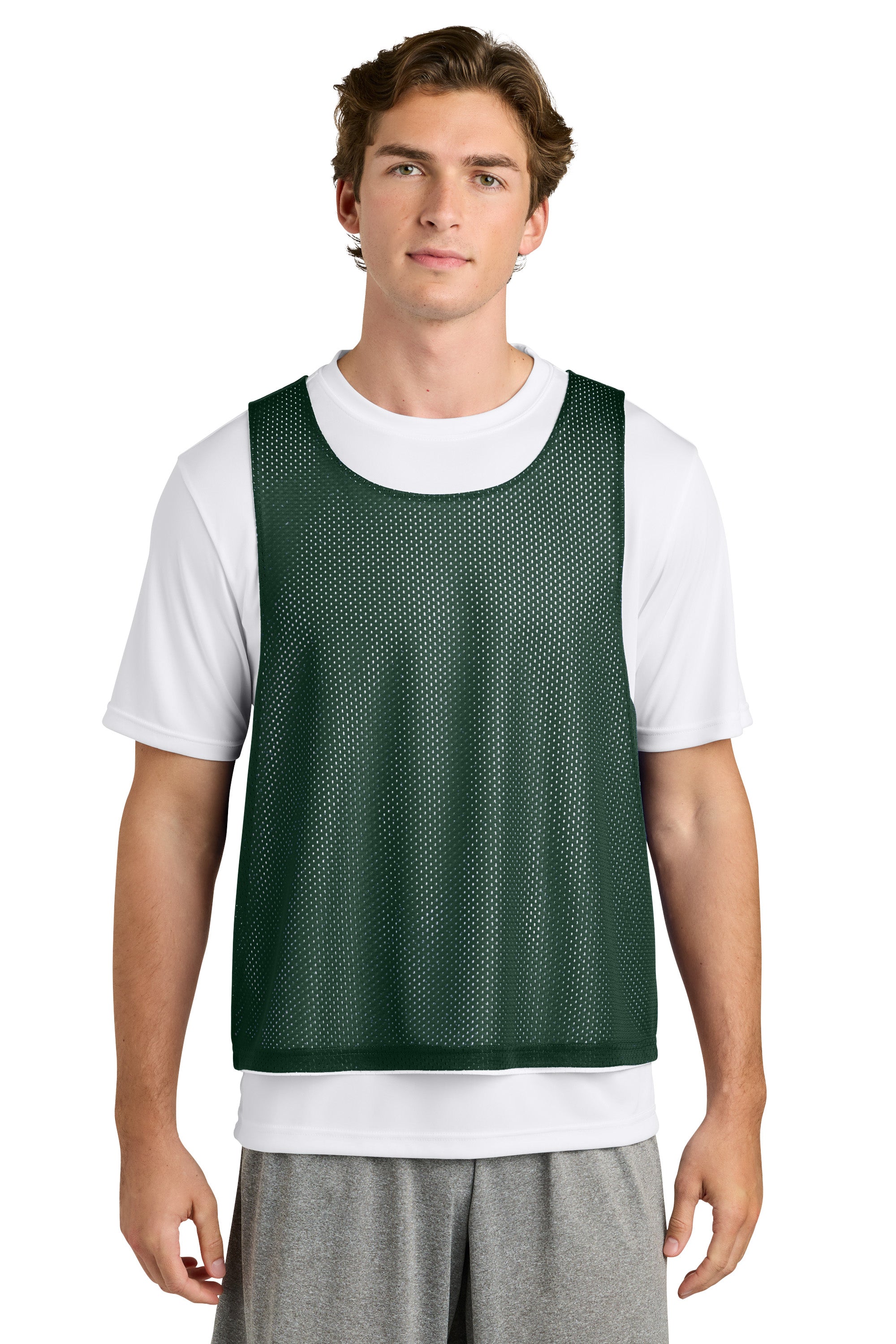 Sport-Tek ST512 Mens Reversible Lacrosse Pinnie Tank Top Forest Green/White Model Front
