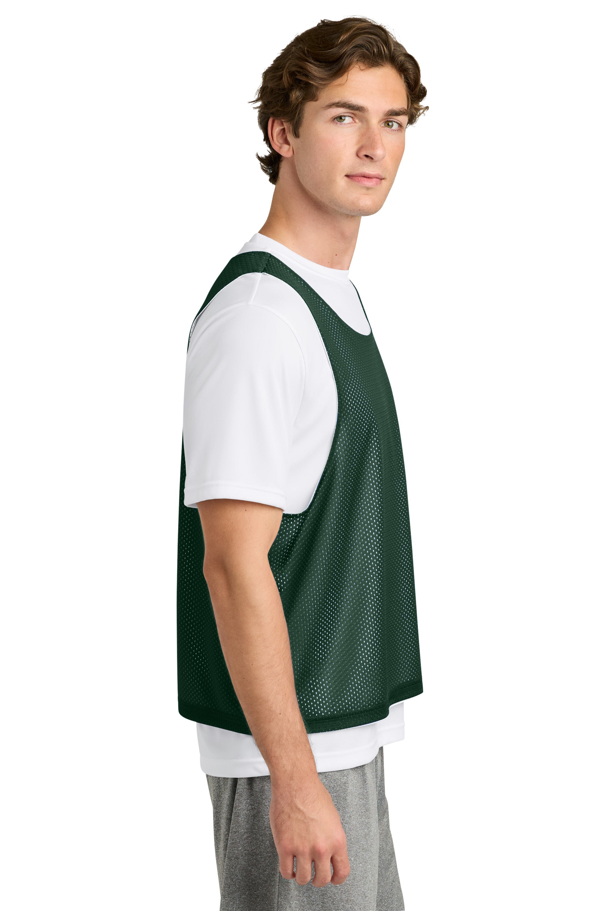 Sport-Tek ST512 Mens Reversible Lacrosse Pinnie Tank Top Forest Green/White Model Side