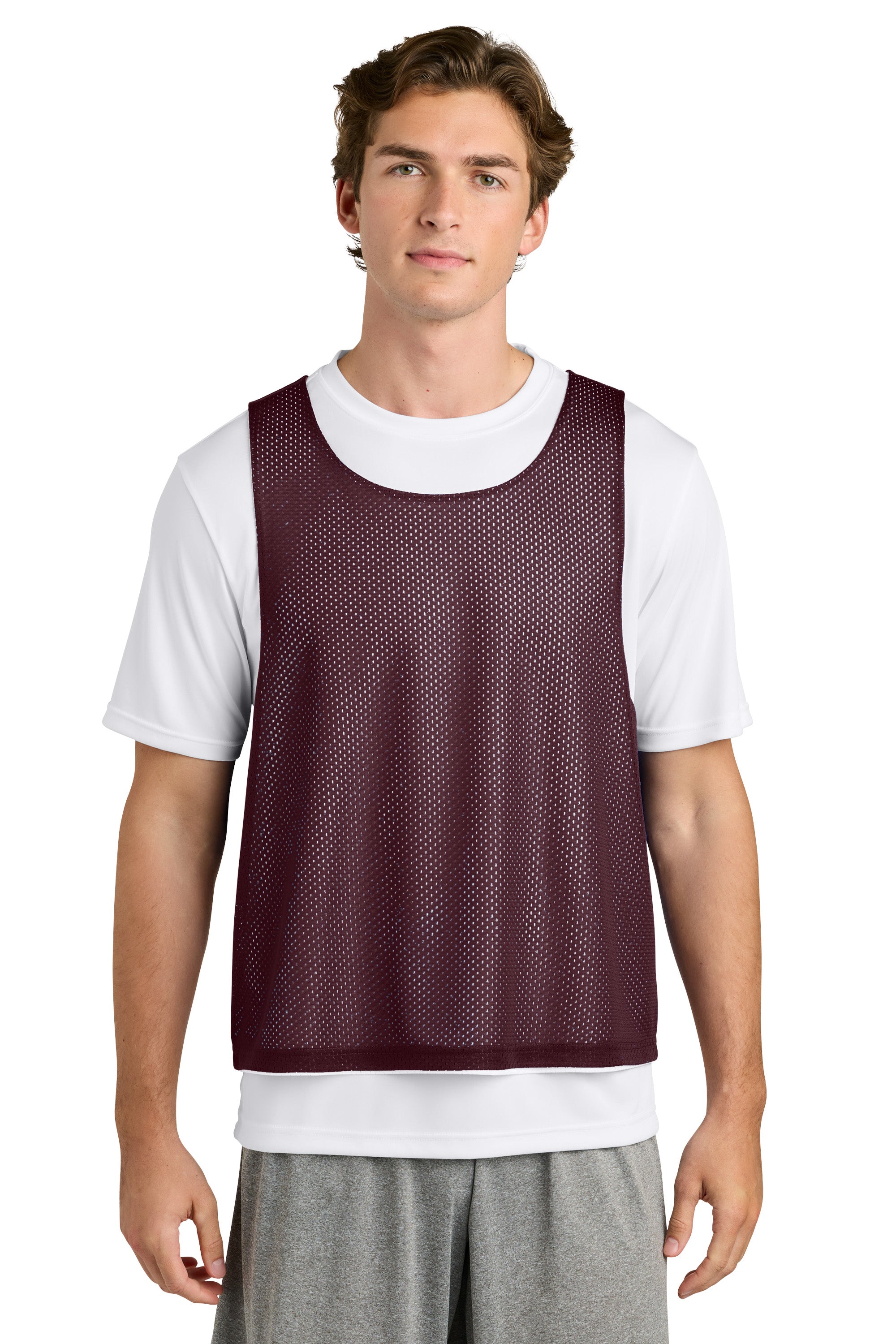Sport-Tek ST512 Mens Reversible Lacrosse Pinnie Tank Top Maroon/White Model Front