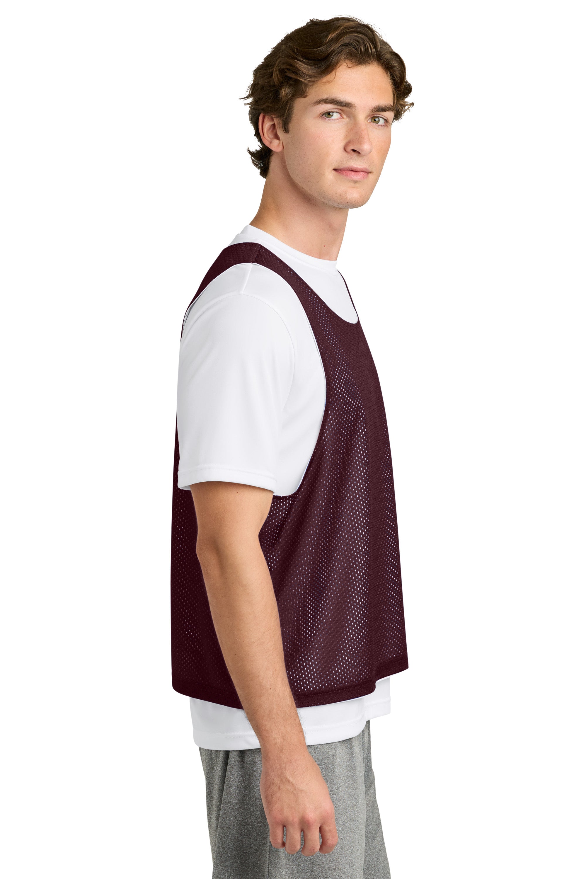 Sport-Tek ST512 Mens Reversible Lacrosse Pinnie Tank Top Maroon/White Model Side