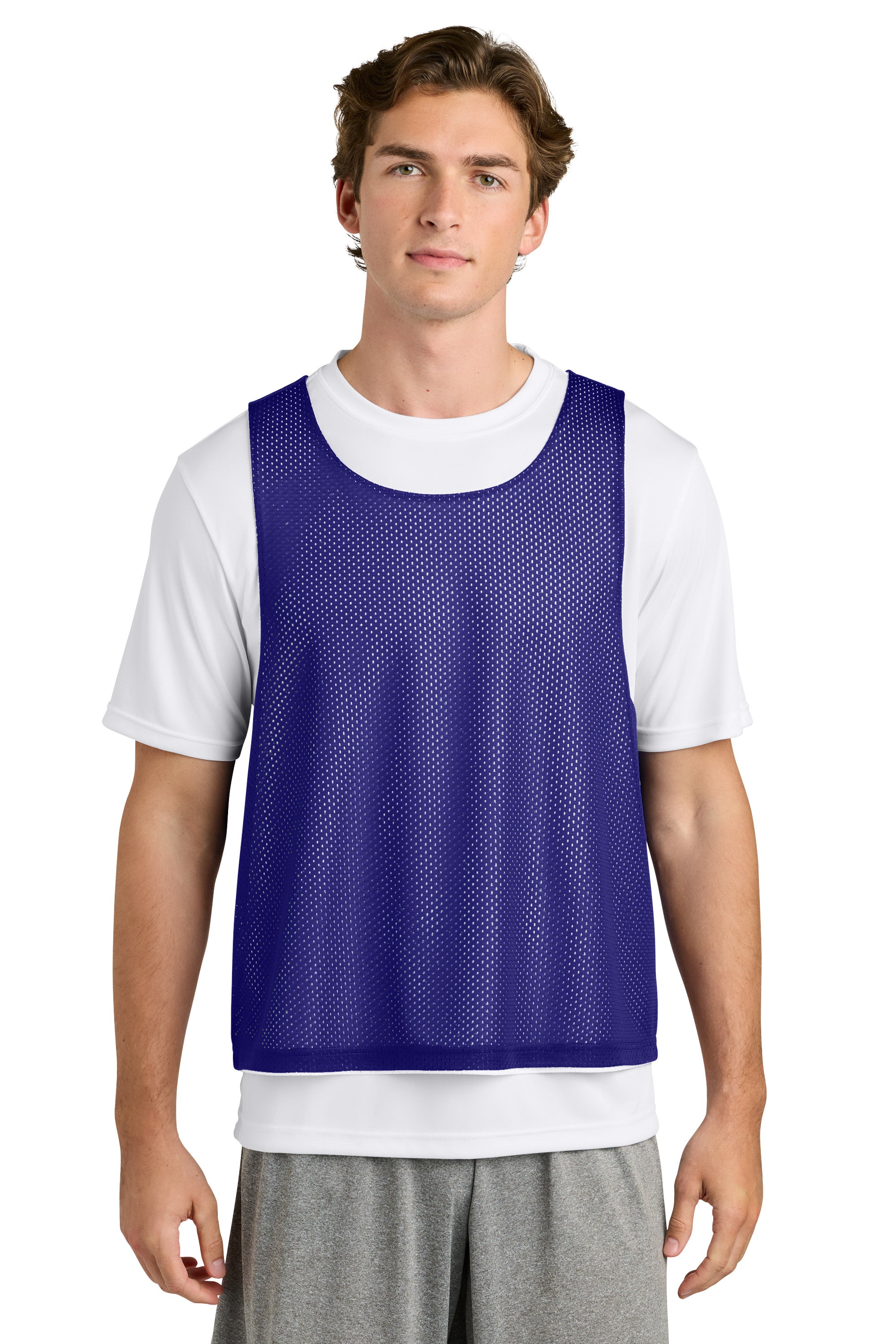 Sport-Tek ST512 Mens Reversible Lacrosse Pinnie Tank Top Purple/White Model Front