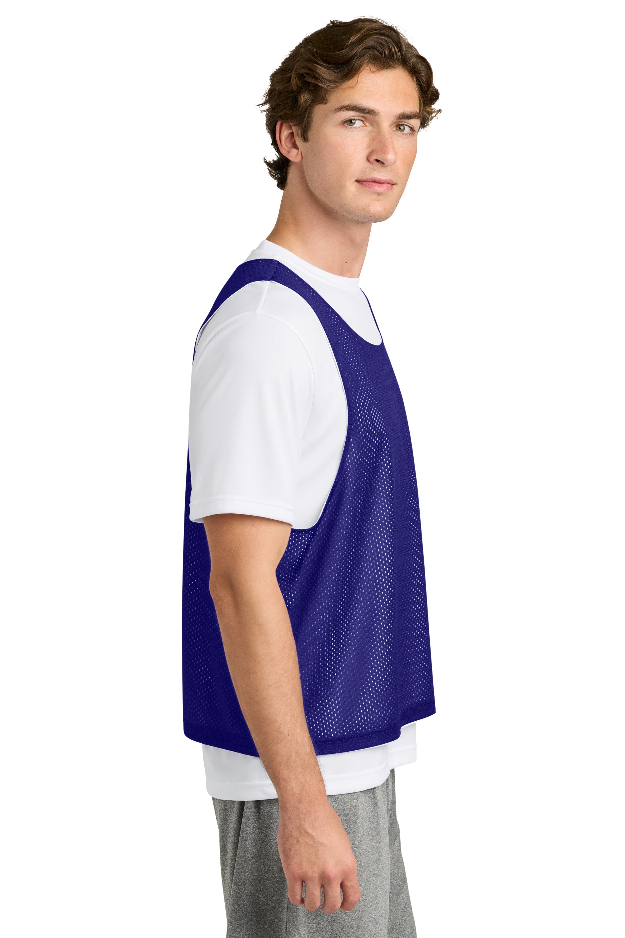 Sport-Tek ST512 Mens Reversible Lacrosse Pinnie Tank Top Purple/White Model Side