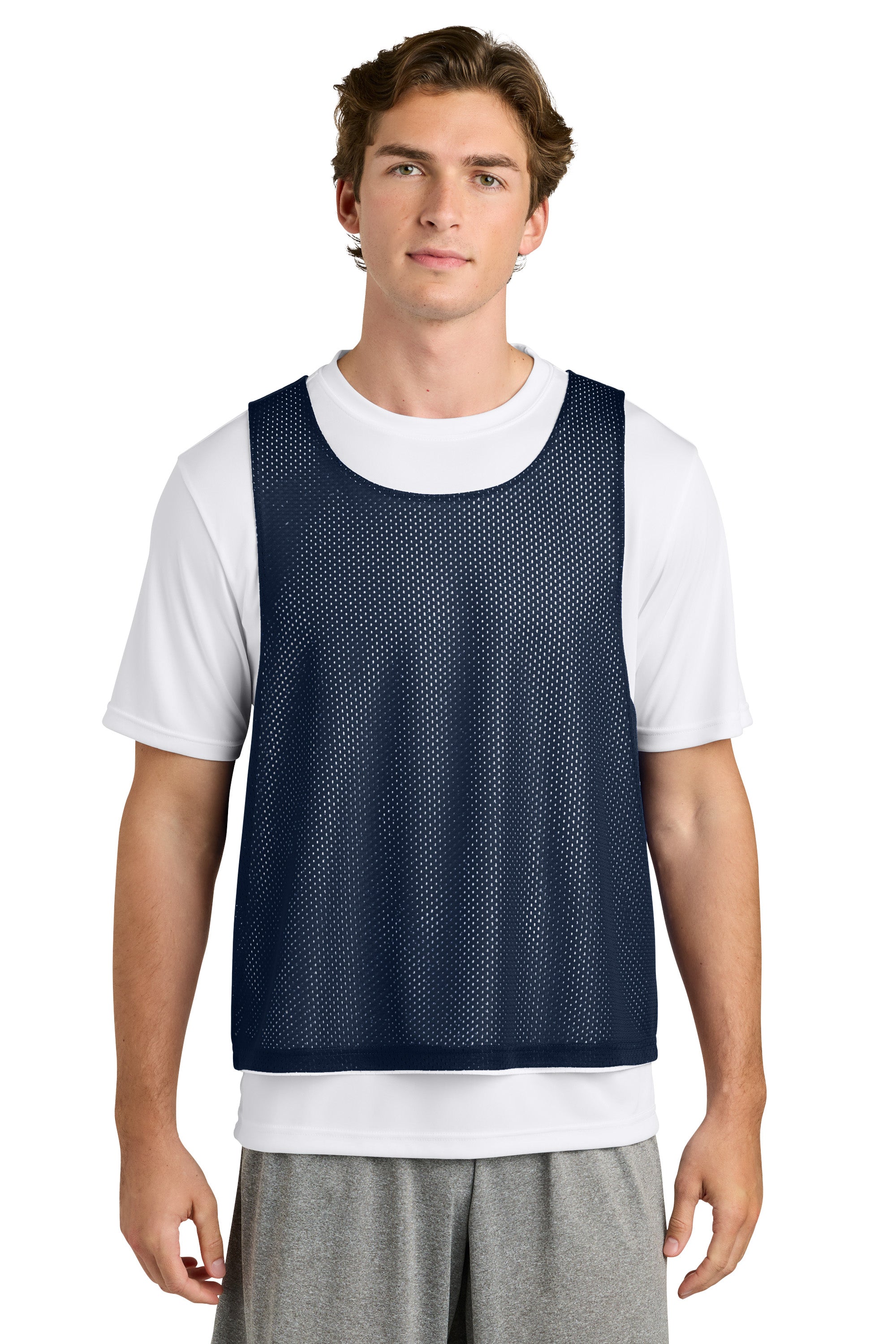Sport-Tek ST512 Mens Reversible Lacrosse Pinnie Tank Top True Navy Blue/White Model Front