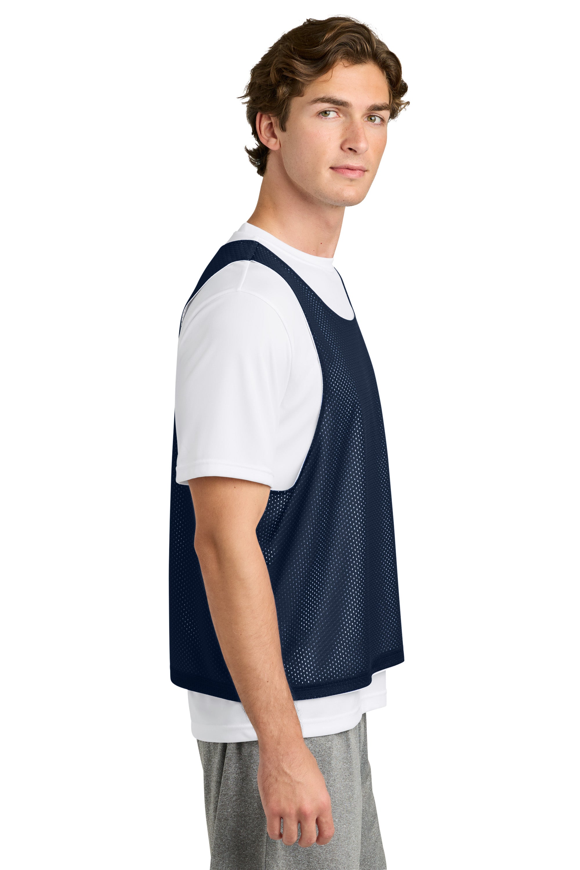 Sport-Tek ST512 Mens Reversible Lacrosse Pinnie Tank Top True Navy Blue/White Model Side