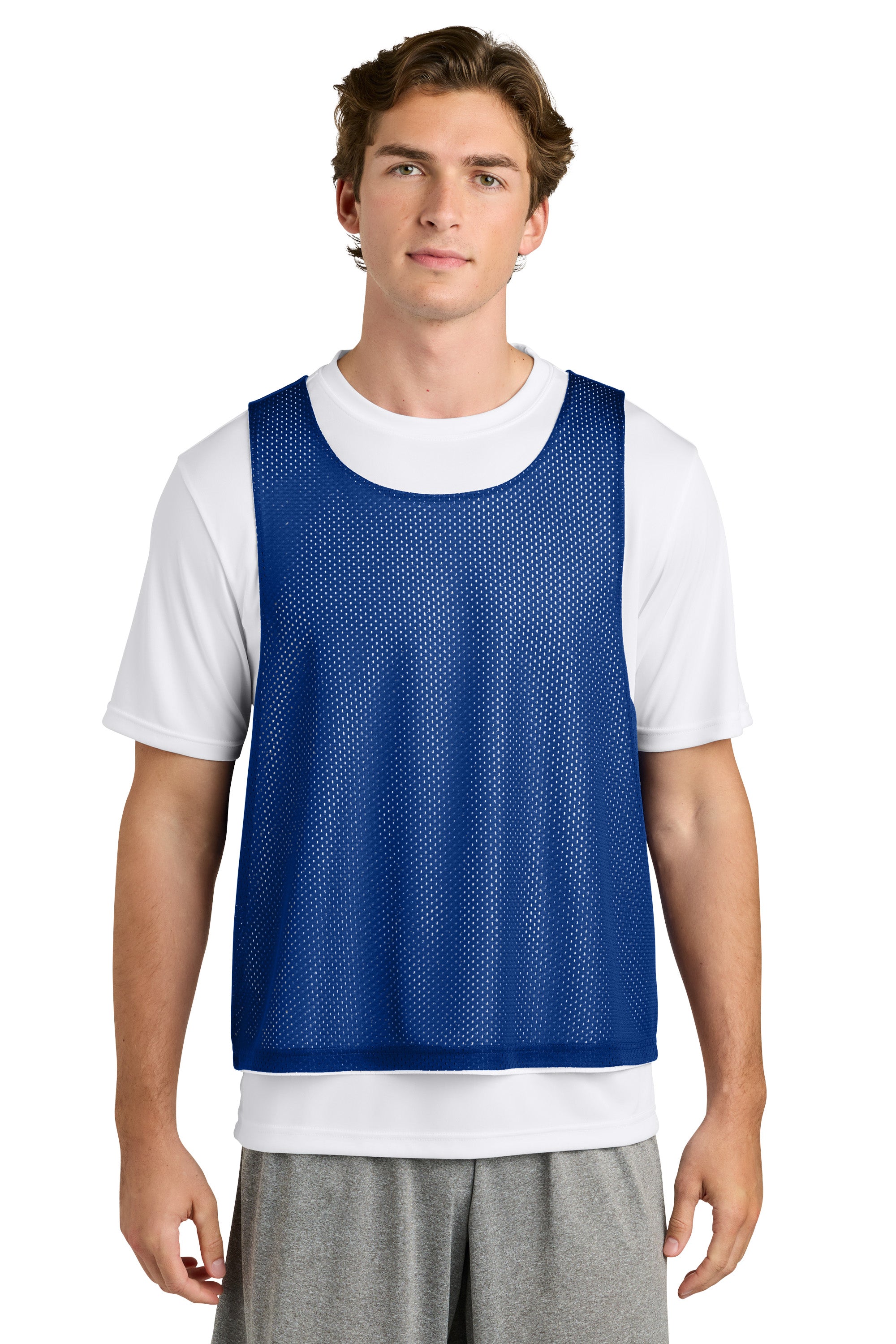 Sport-Tek ST512 Mens Reversible Lacrosse Pinnie Tank Top True Royal Blue/White Model Front