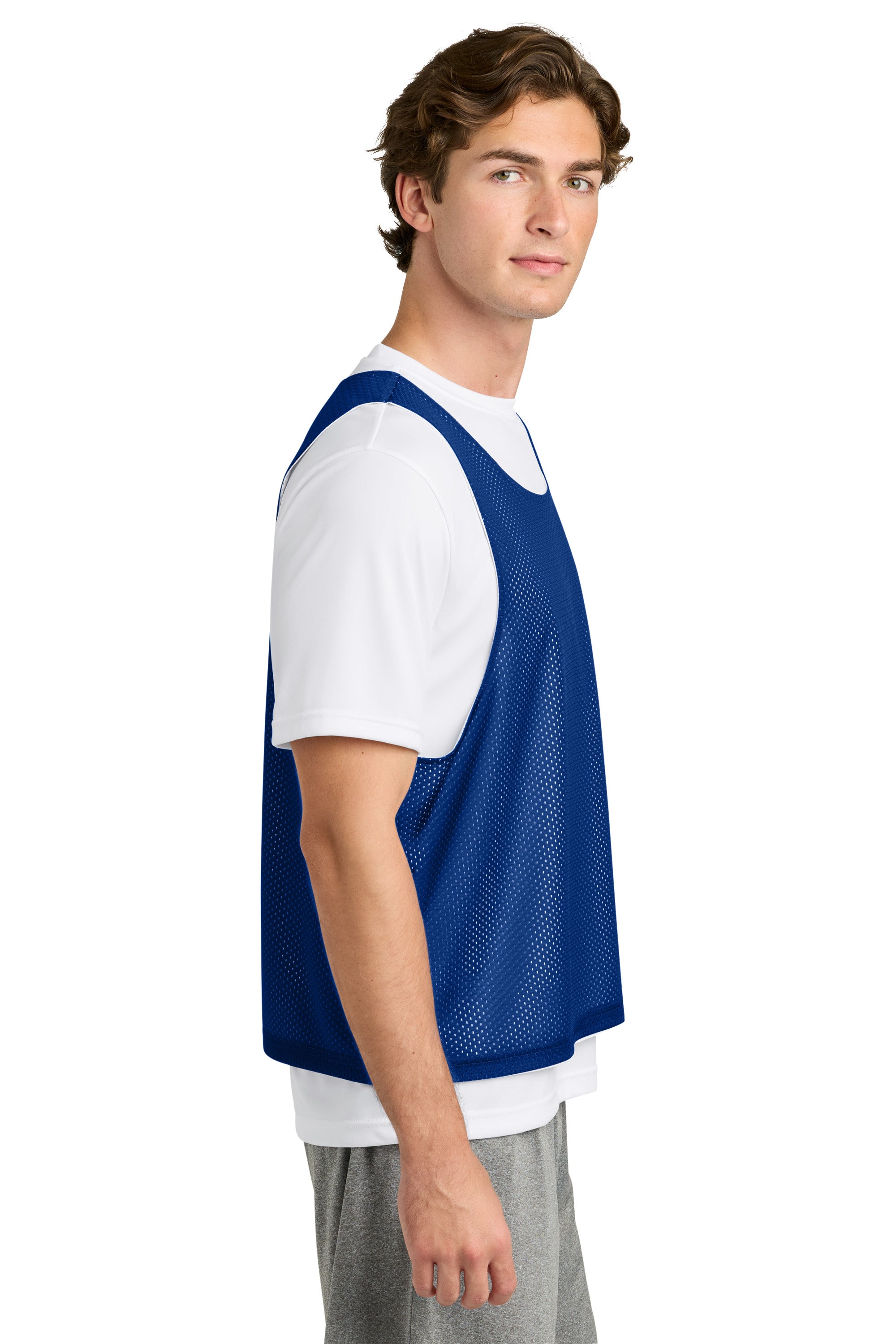 Sport-Tek ST512 Mens Reversible Lacrosse Pinnie Tank Top True Royal Blue/White Model Side