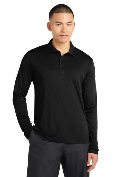 Sport-Tek ST520LS Mens Moisture Wicking Long Sleeve Polo Shirt Black Model Front