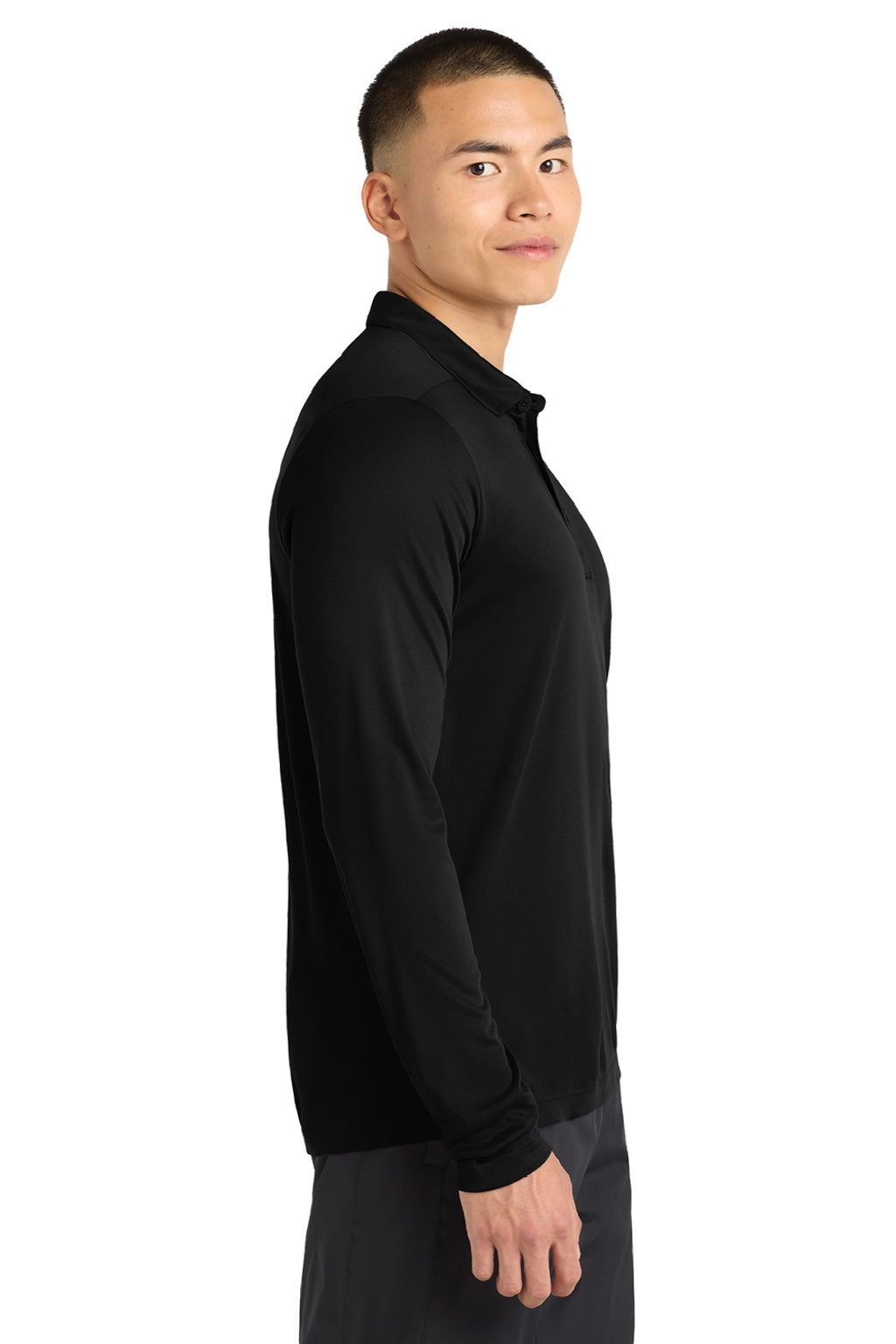 Sport-Tek ST520LS Mens Moisture Wicking Long Sleeve Polo Shirt Black Model Side