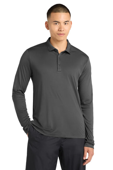 Sport-Tek ST520LS Mens Moisture Wicking Long Sleeve Polo Shirt Dark Smoke Grey Model Front