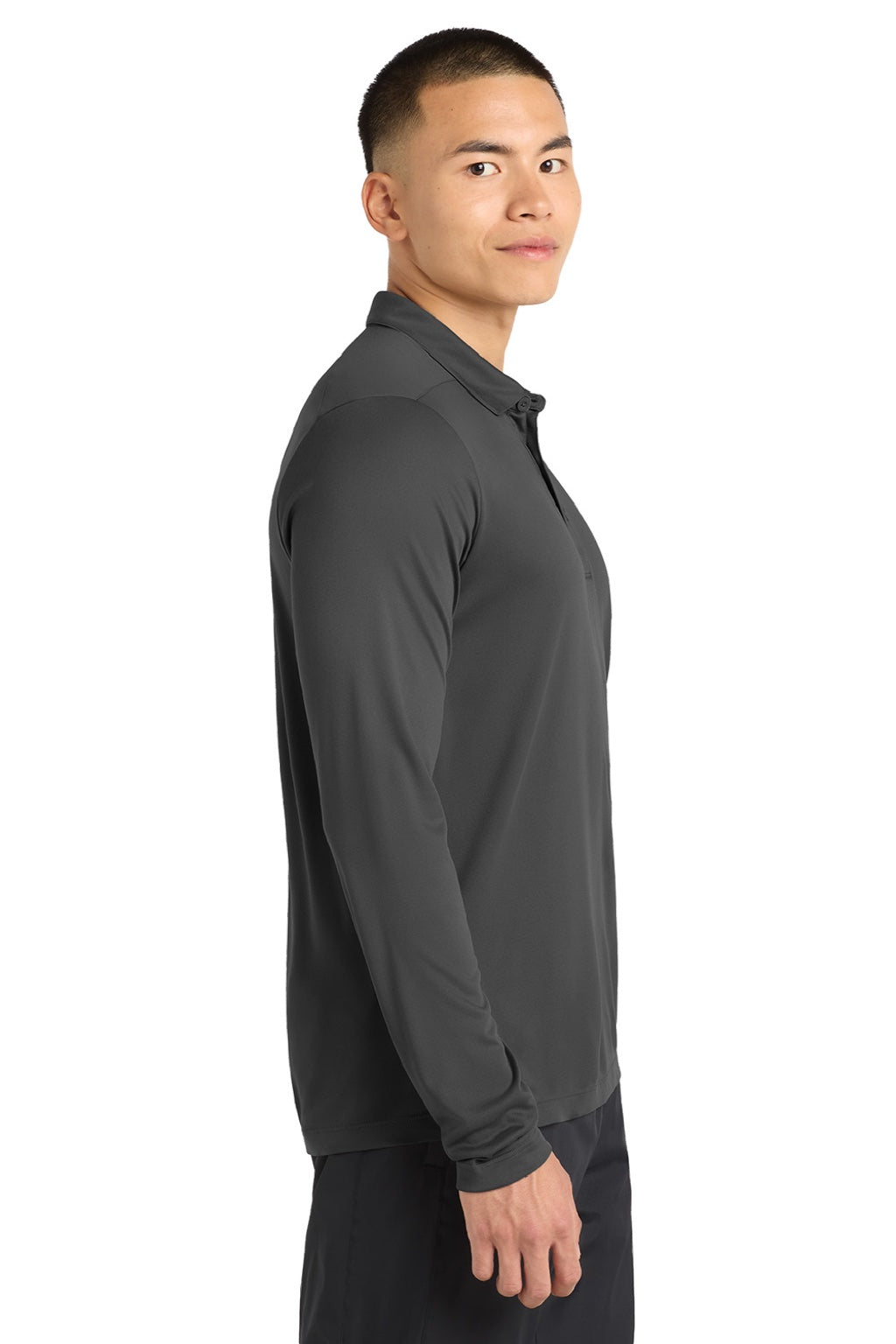 Sport-Tek ST520LS Mens Moisture Wicking Long Sleeve Polo Shirt Dark Smoke Grey Model Side
