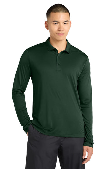 Sport-Tek ST520LS Mens Moisture Wicking Long Sleeve Polo Shirt Forest Green Model Front
