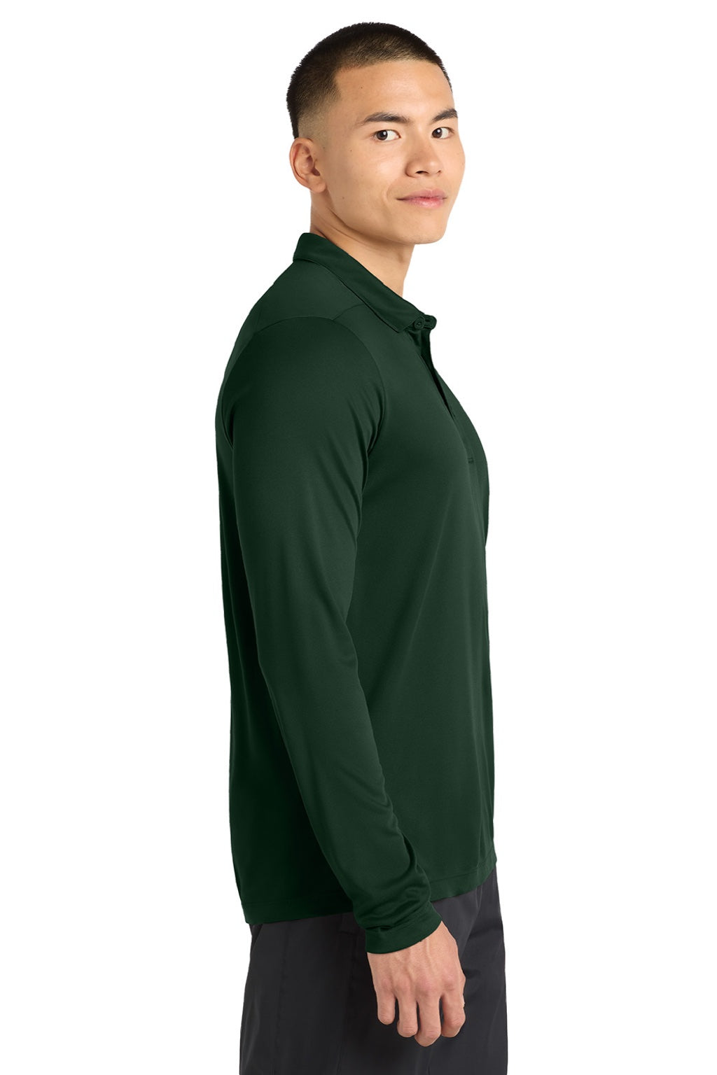 Sport-Tek ST520LS Mens Moisture Wicking Long Sleeve Polo Shirt Forest Green Model Side