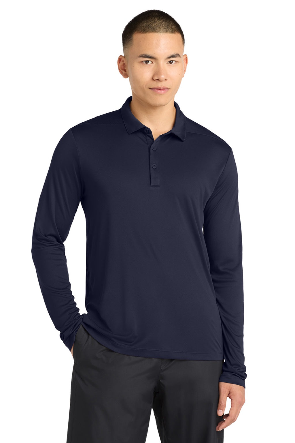 Sport-Tek ST520LS Mens Moisture Wicking Long Sleeve Polo Shirt True Navy Blue Model Front