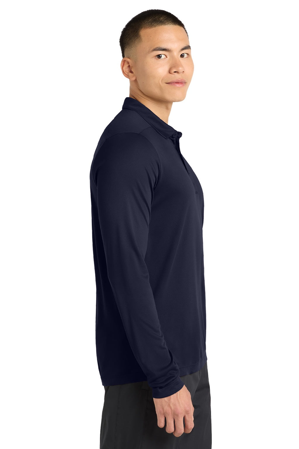 Sport-Tek ST520LS Mens Moisture Wicking Long Sleeve Polo Shirt True Navy Blue Model Side