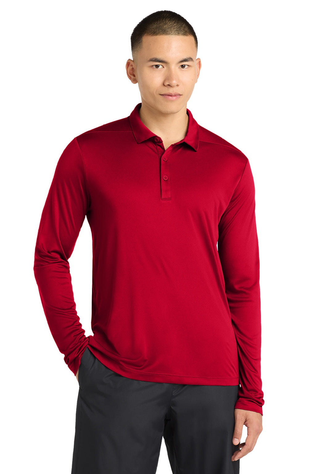 Sport-Tek ST520LS Mens Moisture Wicking Long Sleeve Polo Shirt True Red Model Front