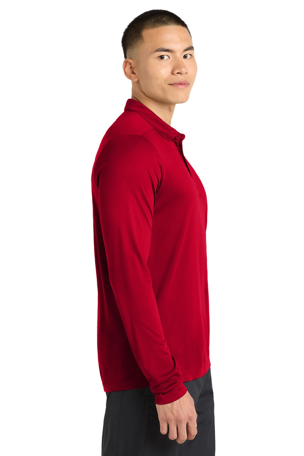 Sport-Tek ST520LS Mens Moisture Wicking Long Sleeve Polo Shirt True Red Model Side