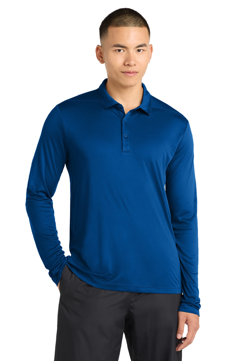 Sport-Tek ST520LS Mens Moisture Wicking Long Sleeve Polo Shirt True Royal Blue Model Front