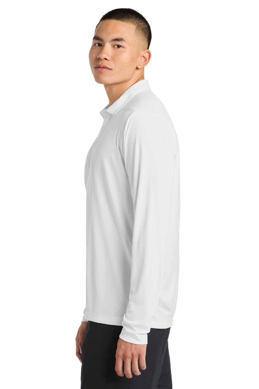 Sport-Tek ST520LS Mens Moisture Wicking Long Sleeve Polo Shirt White Model Side