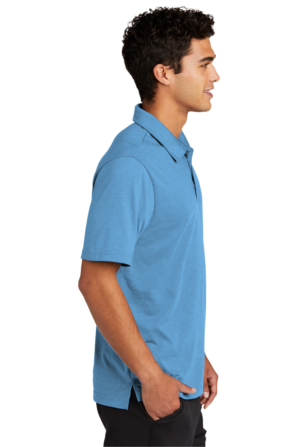 Sport-Tek ST530 Mens Strive Moisture Wicking Short Sleeve Polo Shirt Carolina Blue Model Side