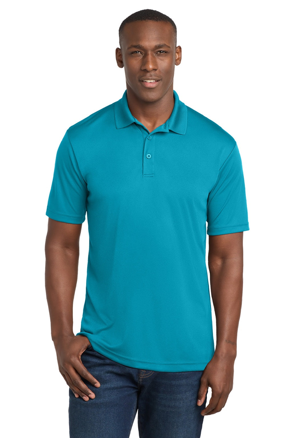 Sport-Tek ST550 Mens Competitor Moisture Wicking Short Sleeve Polo Shirt Atomic Blue Model Front