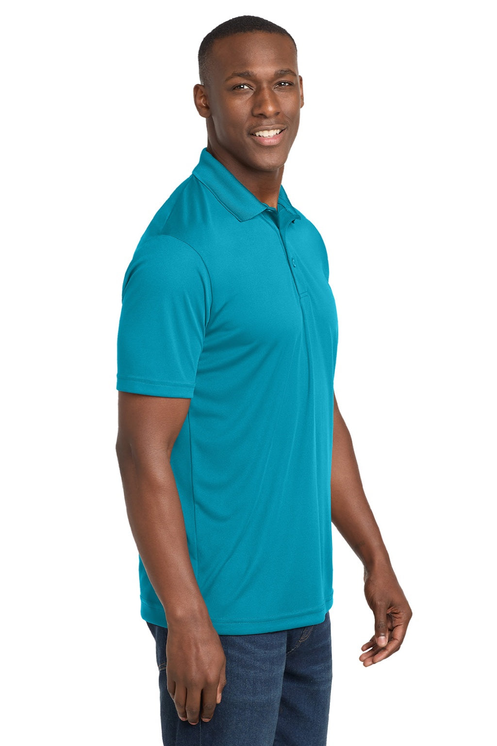 Sport-Tek ST550 Mens Competitor Moisture Wicking Short Sleeve Polo Shirt Atomic Blue Model Side