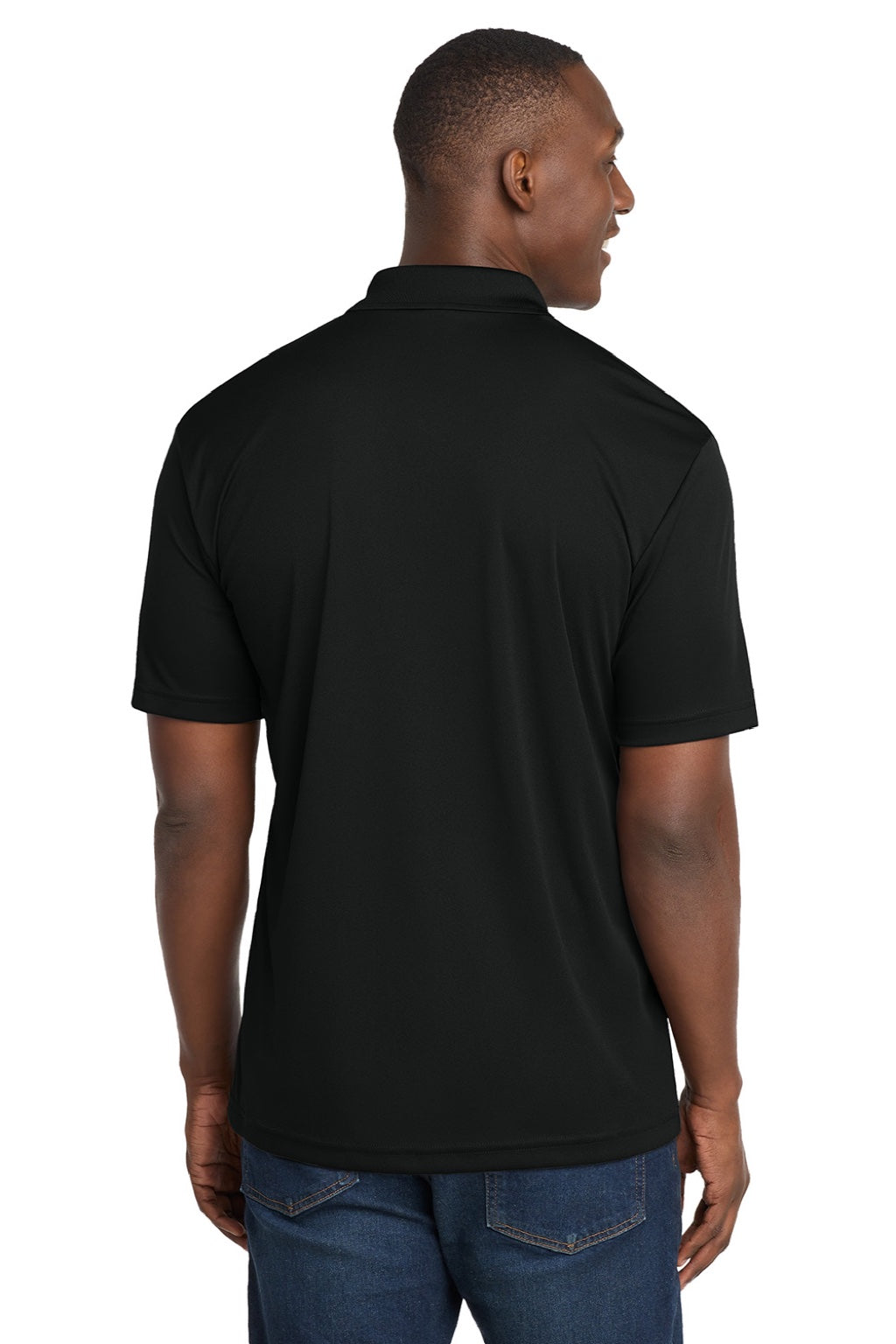 Sport-Tek ST550 Mens Competitor Moisture Wicking Short Sleeve Polo Shirt Black Model Back