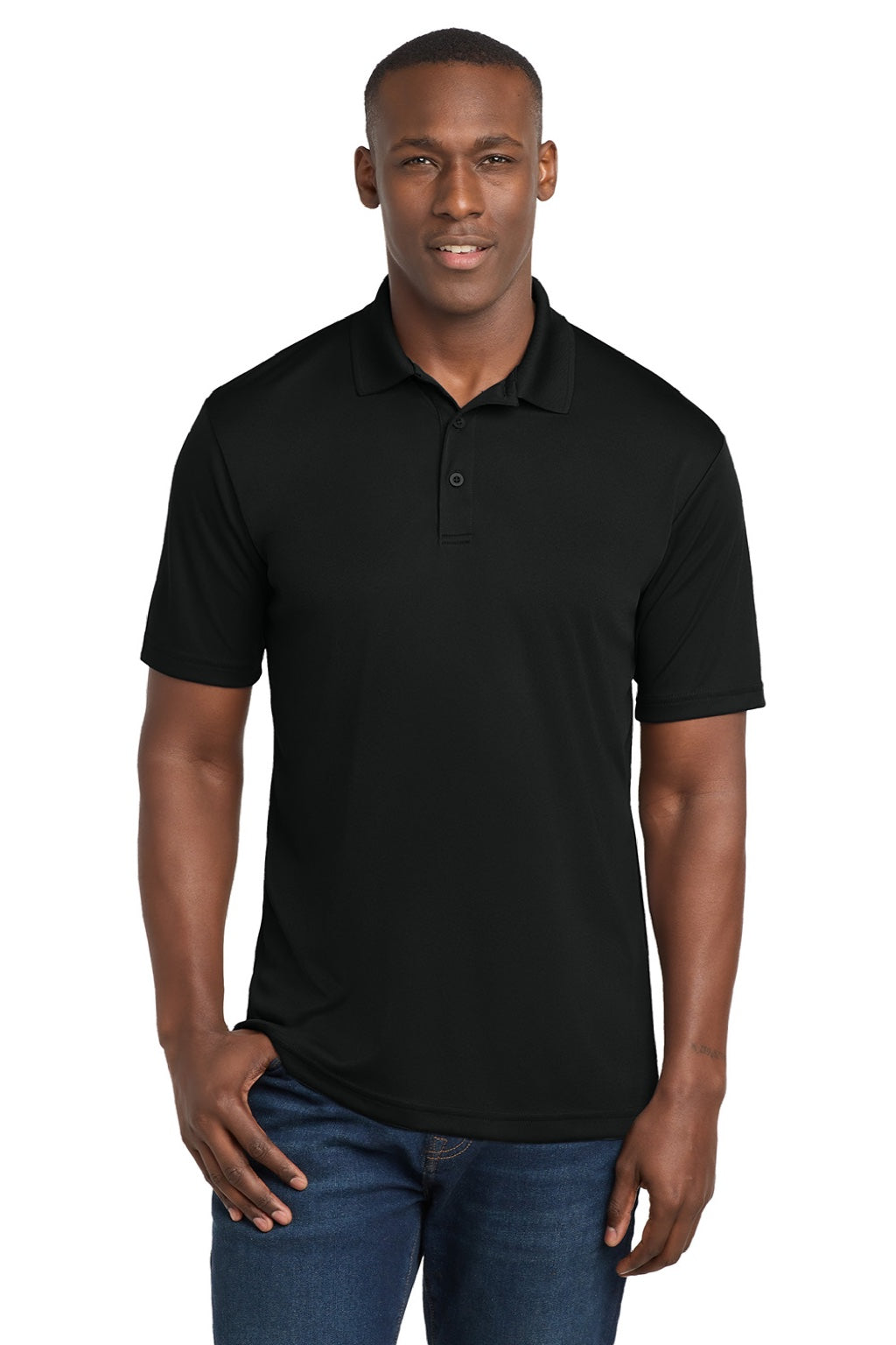 Sport-Tek ST550 Mens Competitor Moisture Wicking Short Sleeve Polo Shirt Black Model Front