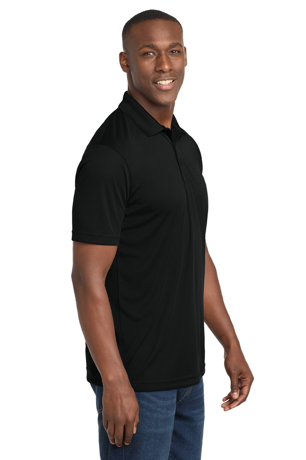 Sport-Tek ST550 Mens Competitor Moisture Wicking Short Sleeve Polo Shirt Black Model Side