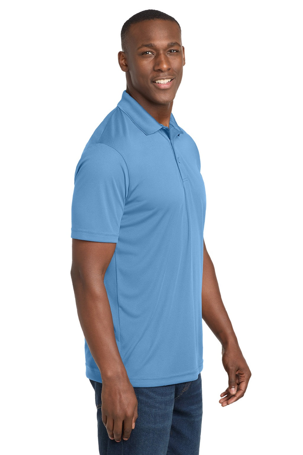 Sport-Tek ST550 Mens Competitor Moisture Wicking Short Sleeve Polo Shirt Carolina Blue Model Side
