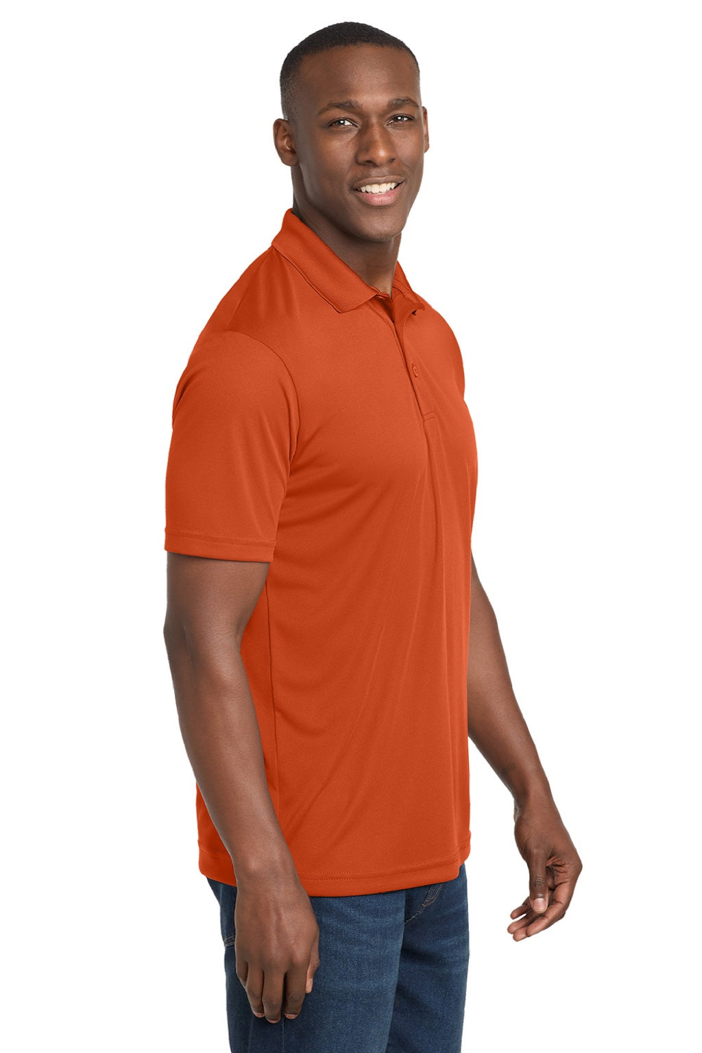 Sport-Tek ST550 Mens Competitor Moisture Wicking Short Sleeve Polo Shirt Deep Orange Model Side