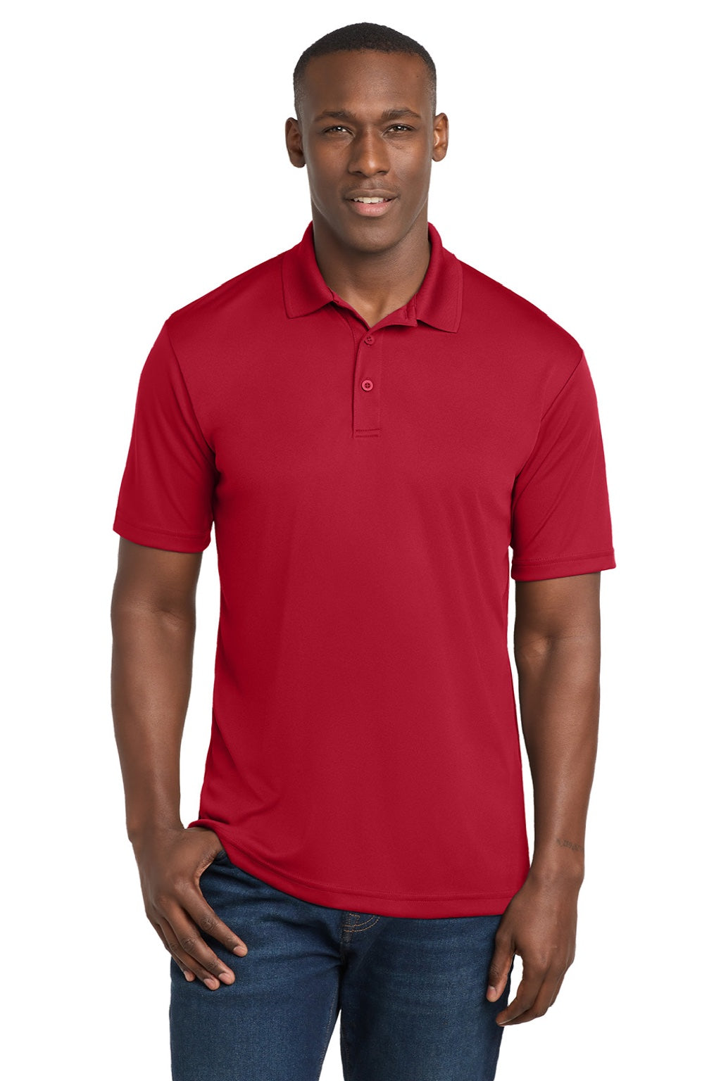 Sport-Tek ST550 Mens Competitor Moisture Wicking Short Sleeve Polo Shirt Deep Red Model Front
