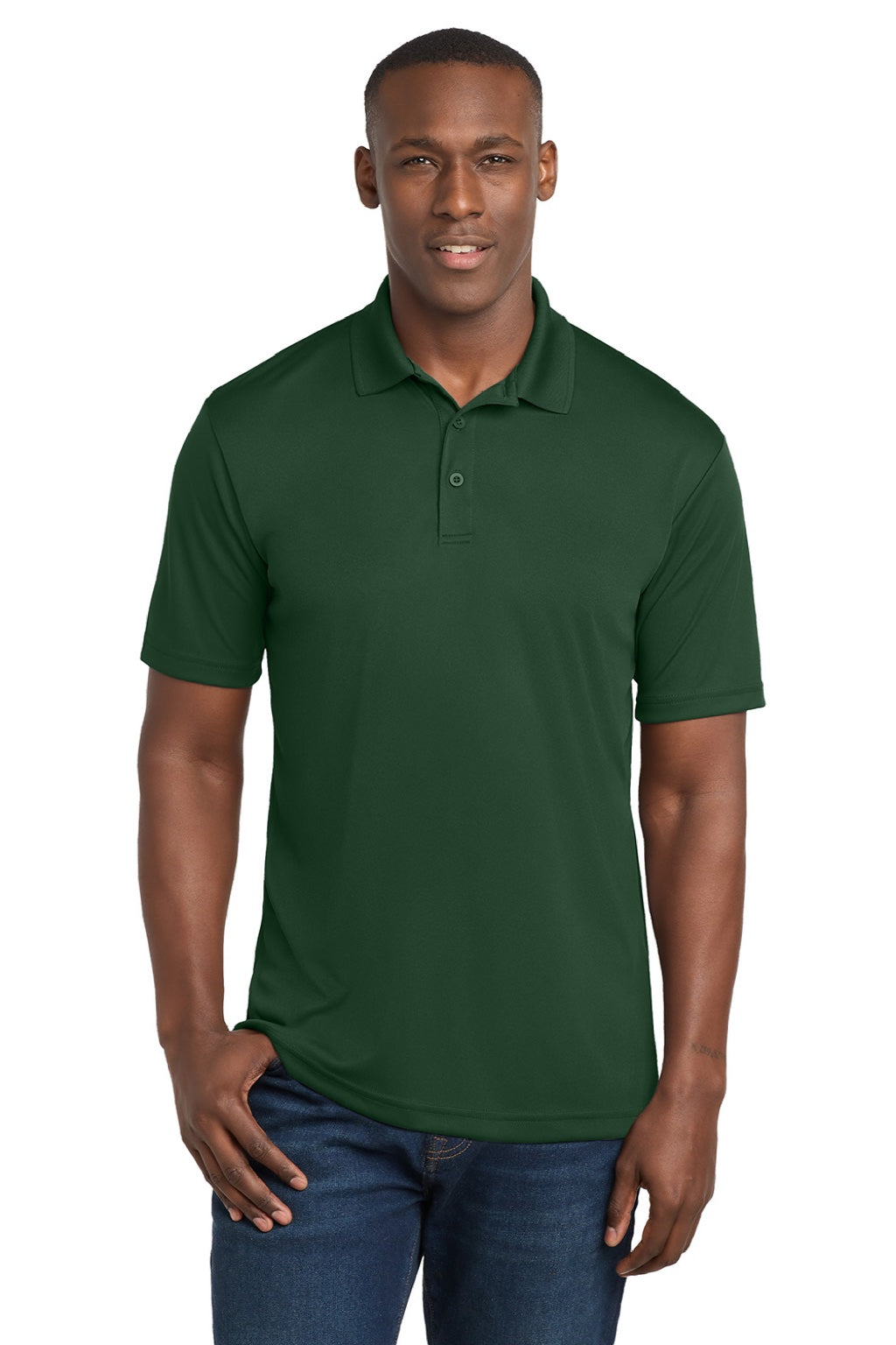 Sport-Tek ST550 Mens Competitor Moisture Wicking Short Sleeve Polo Shirt Forest Green Model Front