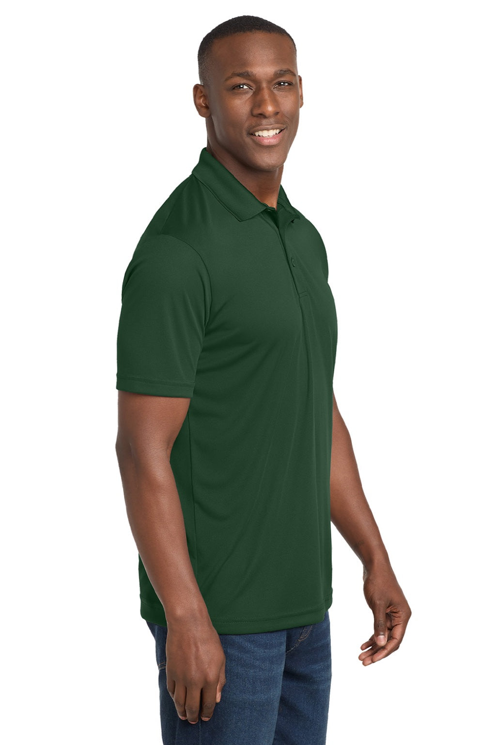 Sport-Tek ST550 Mens Competitor Moisture Wicking Short Sleeve Polo Shirt Forest Green Model Side