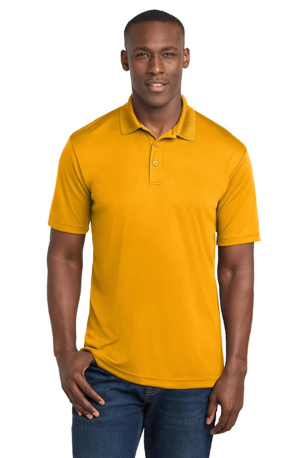 Sport-Tek ST550 Mens Competitor Moisture Wicking Short Sleeve Polo Shirt Gold Model Front