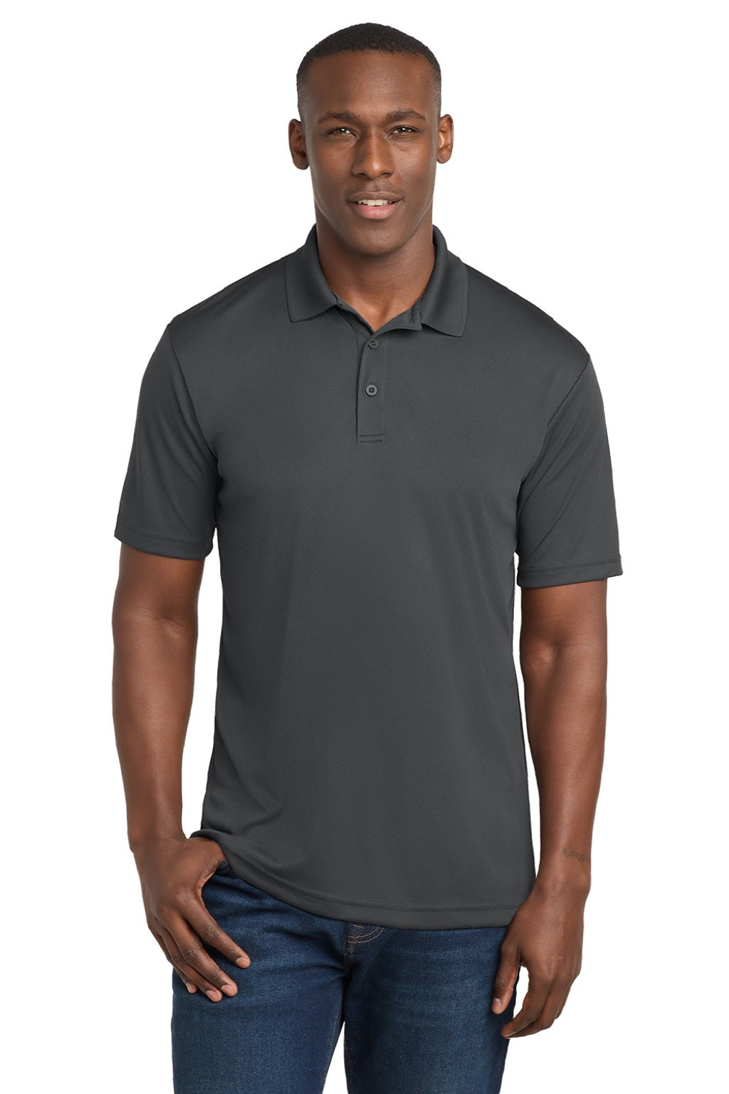 Sport-Tek ST550 Mens Competitor Moisture Wicking Short Sleeve Polo Shirt Iron Grey Model Front