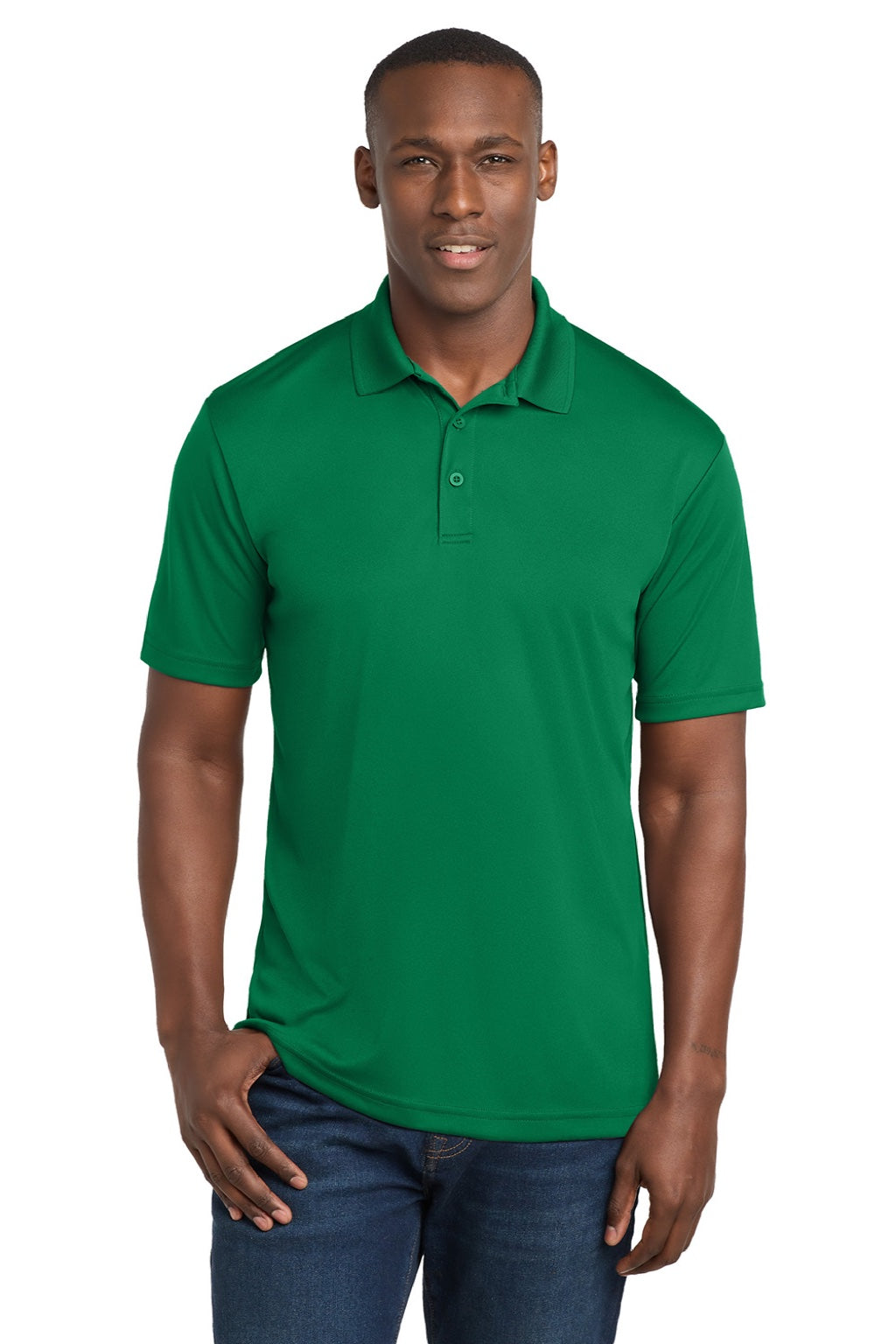 Sport-Tek ST550 Mens Competitor Moisture Wicking Short Sleeve Polo Shirt Kelly Green Model Front