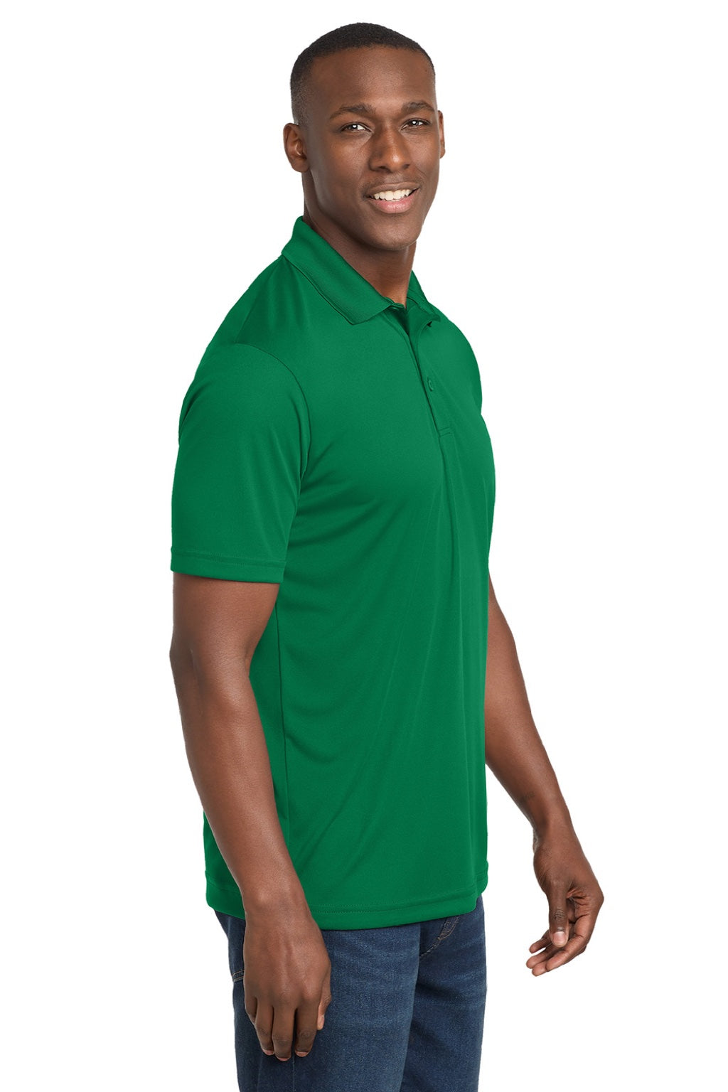 Sport-Tek ST550 Mens Competitor Moisture Wicking Short Sleeve Polo Shirt Kelly Green Model Side
