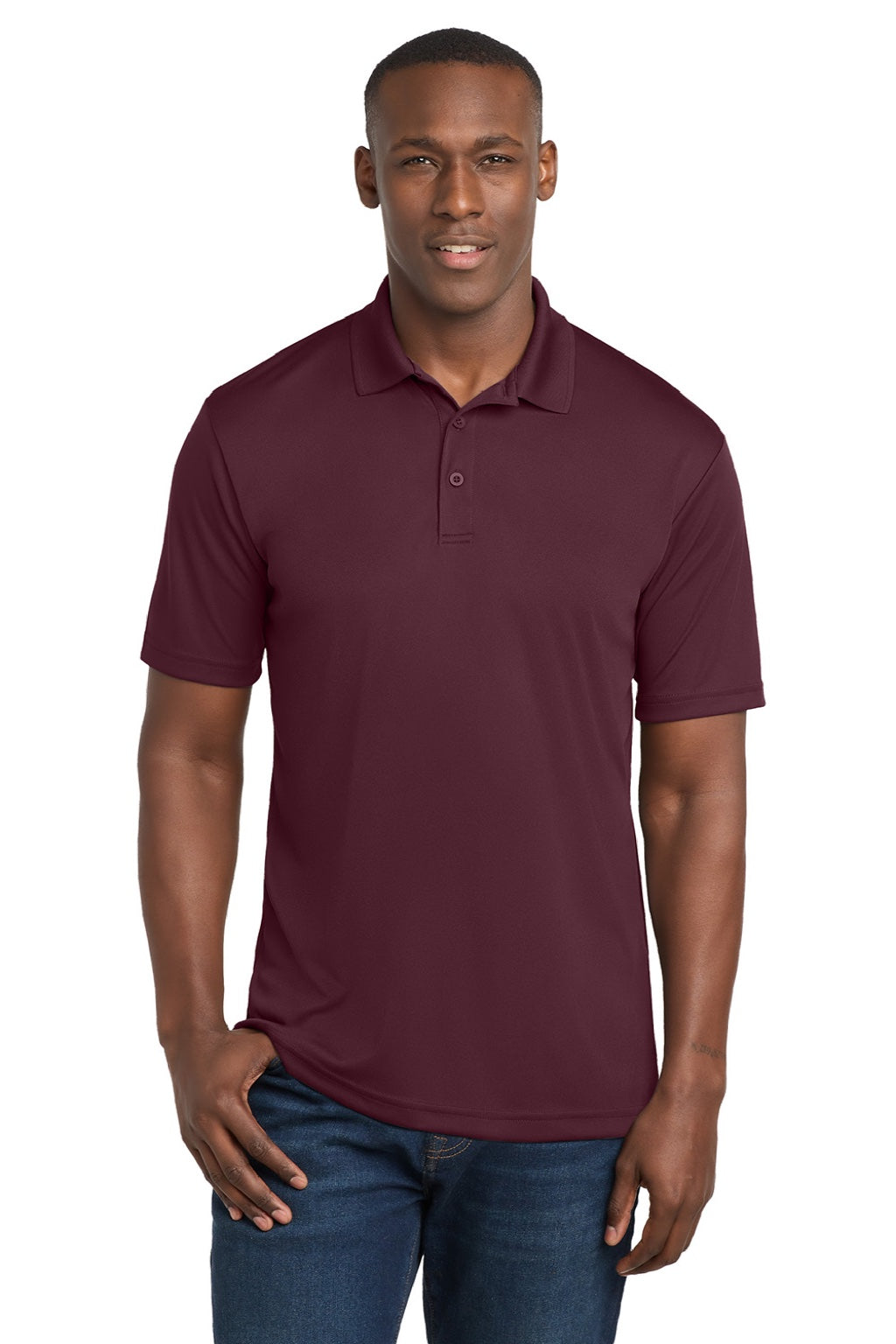 Sport-Tek ST550 Mens Competitor Moisture Wicking Short Sleeve Polo Shirt Maroon Model Front