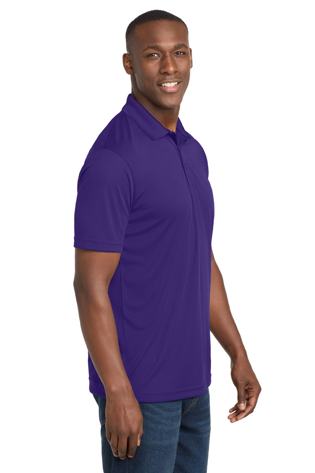 Sport-Tek ST550 Mens Competitor Moisture Wicking Short Sleeve Polo Shirt Purple Model Side